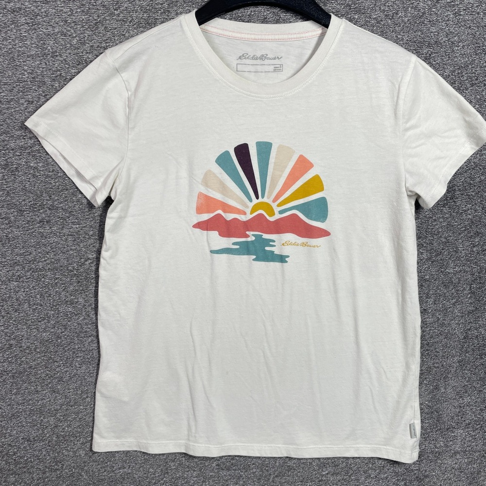 Eddie Bauer T-Shirt Womens White Mountain Sun Graphic Small Retro Sunset Tee